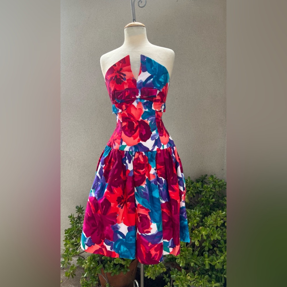 Vintage 80s party dress mini strapless multicolor floral NWT Patty O’Neil small